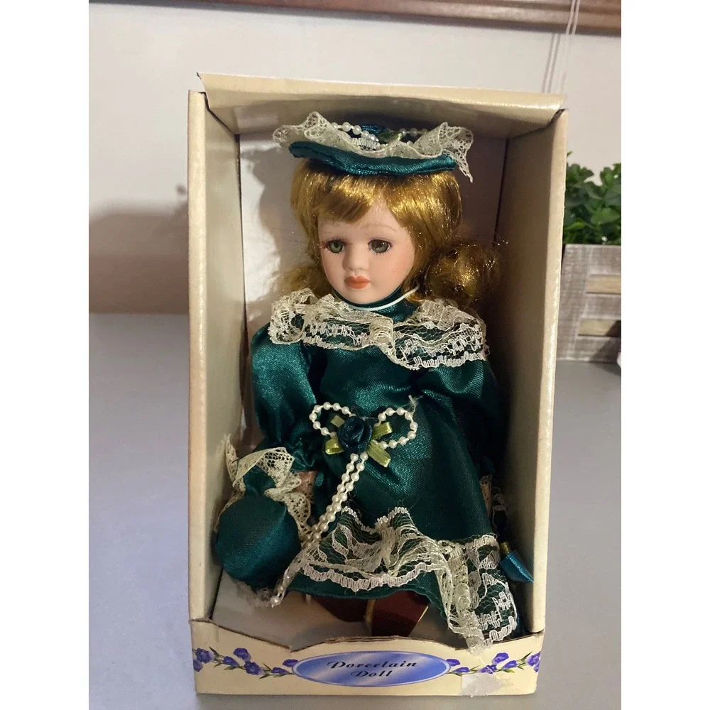 Genuine Hand Painted Porcelain Doll Teal Dress White Lace Trim Collector 426171